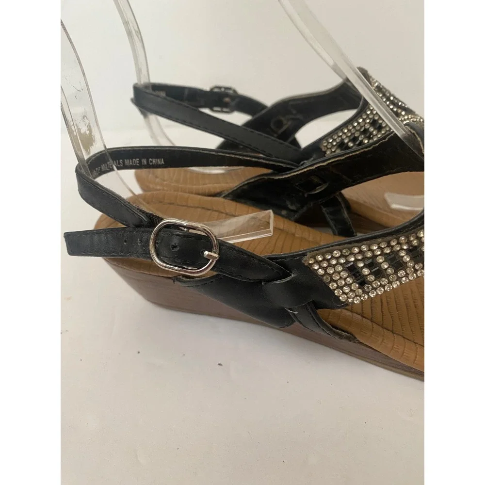 Nicole shoes‎ Black Rhinestone T-Strap Wedge Sandals Buckle Slingback Size 7M